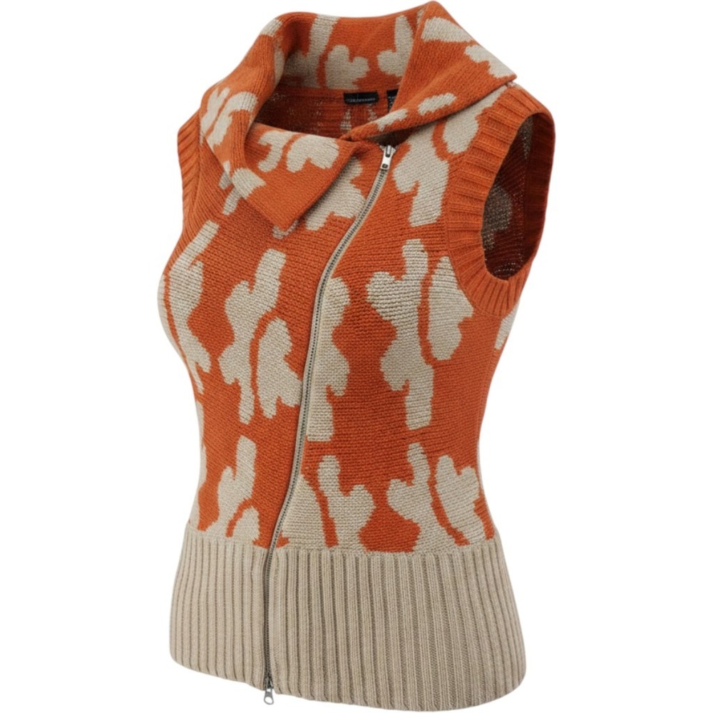 Moda International Orange Floral Knit Vest Diagonal Zip Lambswool Mohair Large